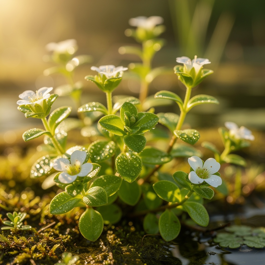 Bacopa monnieri leaves and flowers close-up