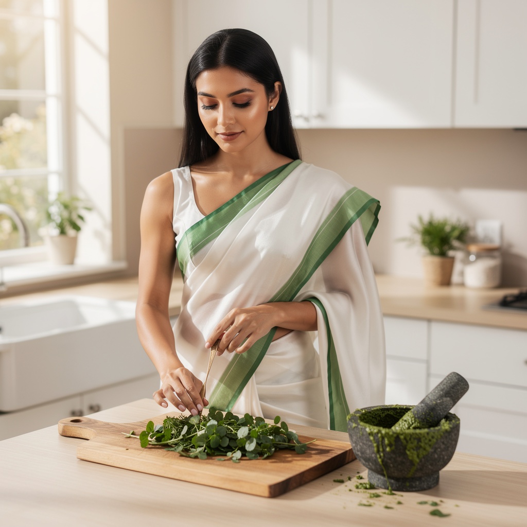 Woman in saree cooking with Brahmi leaves