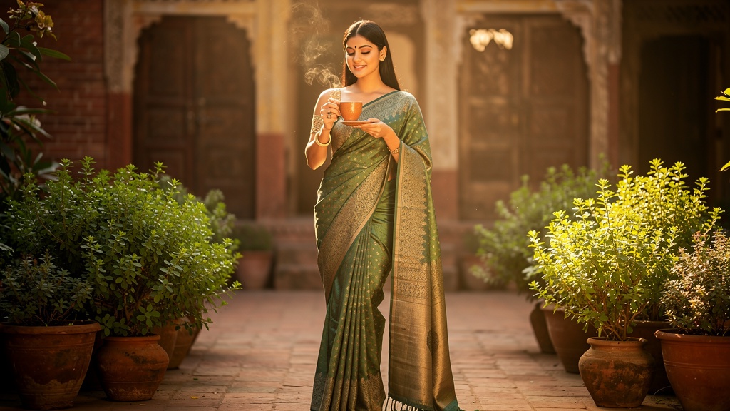 Young woman in saree enjoying a warm cup of Brahmi tea in a courtyard