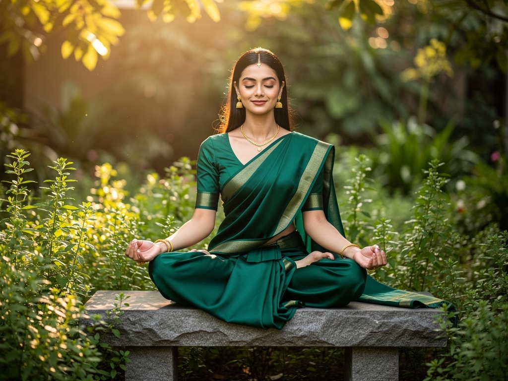Woman in saree meditating in a garden