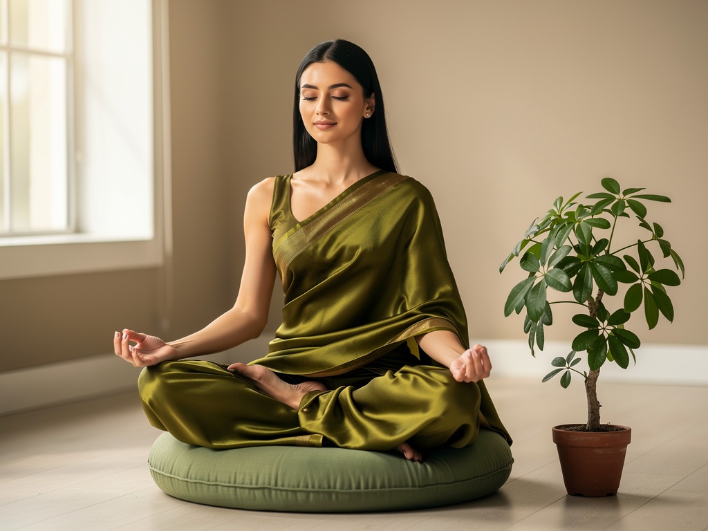 Woman meditating indoors with Brahmi