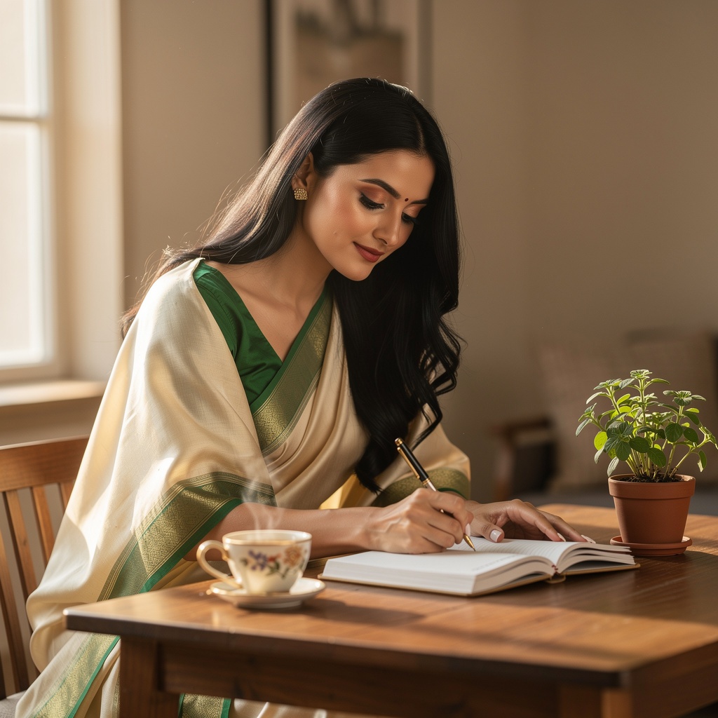 Woman in saree writing in a journal with Brahmi