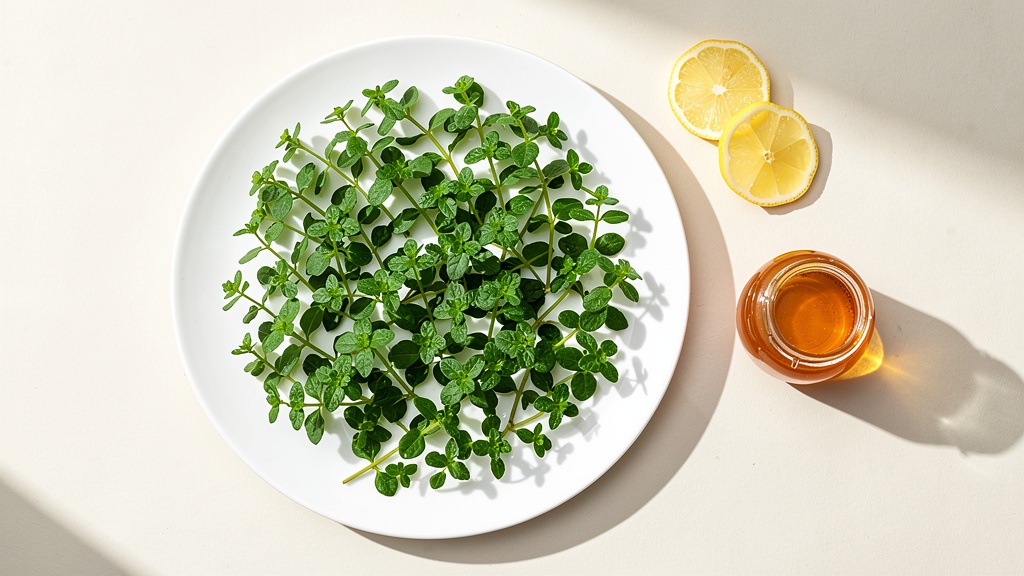 Fresh Brahmi leaves on a plate with lemon