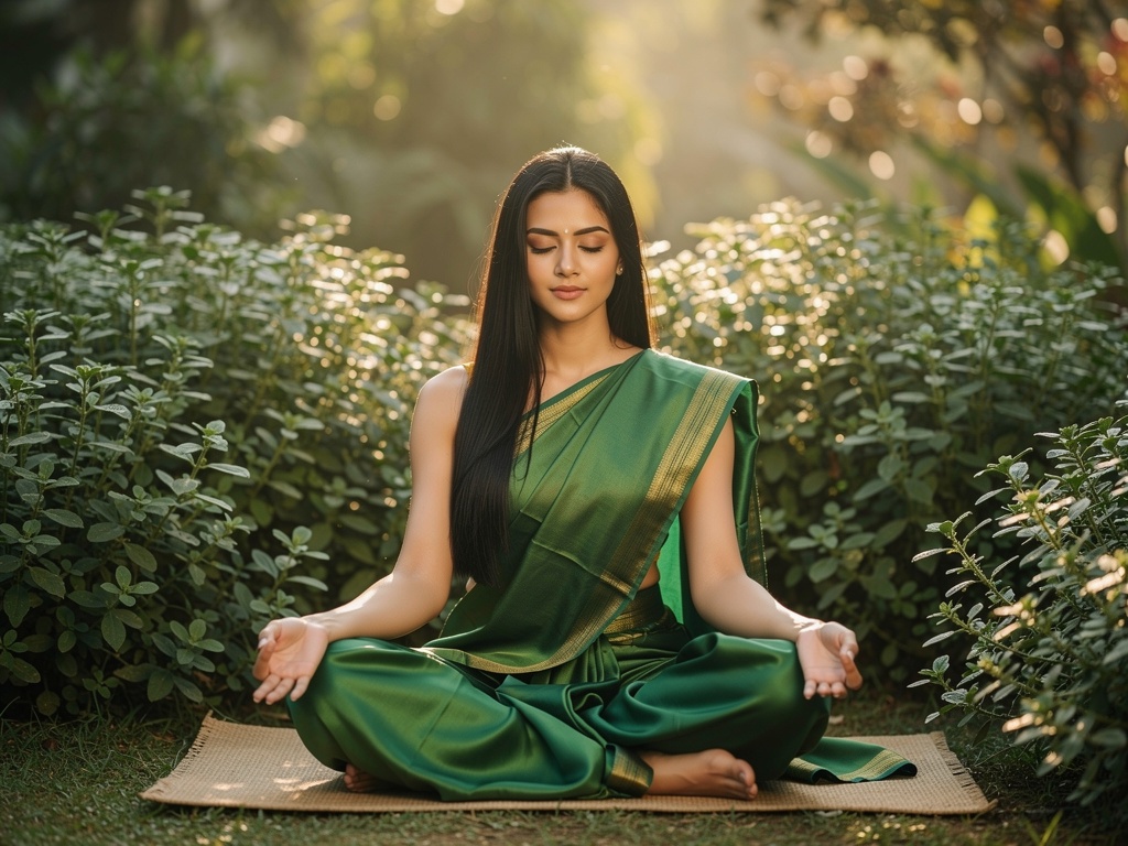 Young woman in saree meditating in a garden with Brahmi plants
