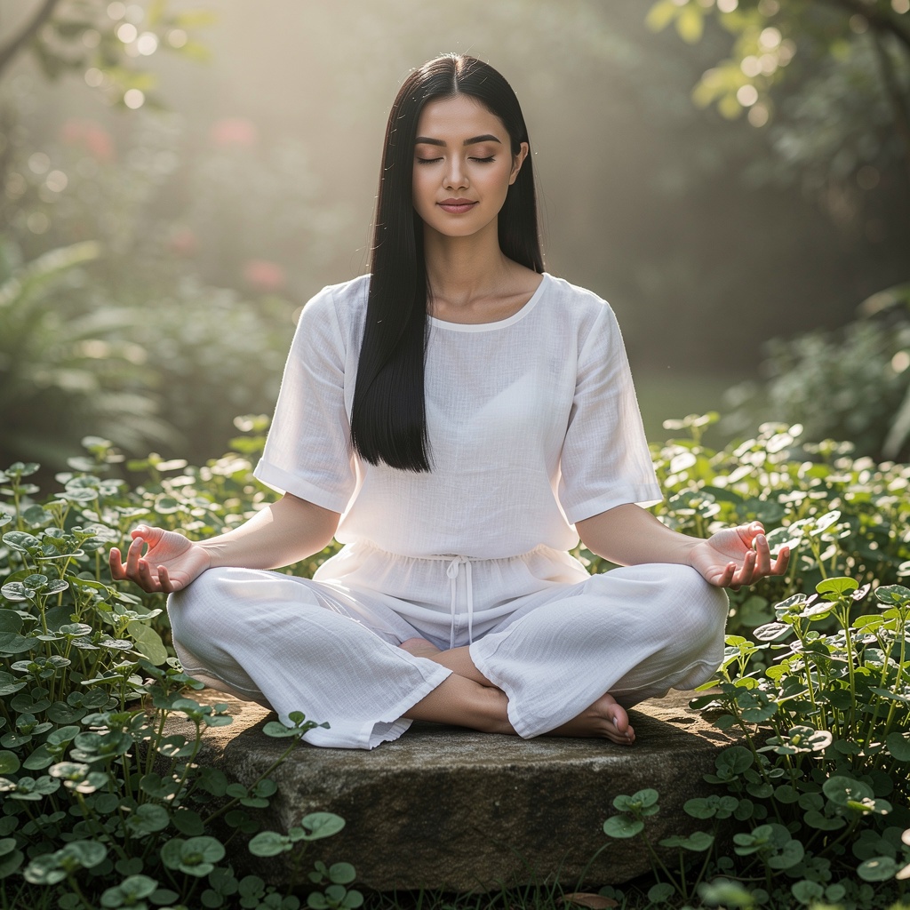 Woman in deep meditation with Brahmi plants nearby