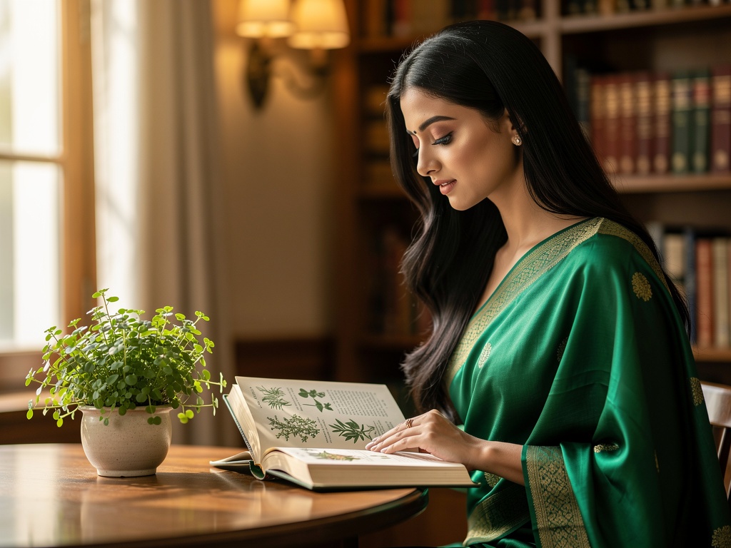 Woman in saree reading about Brahmi in a book