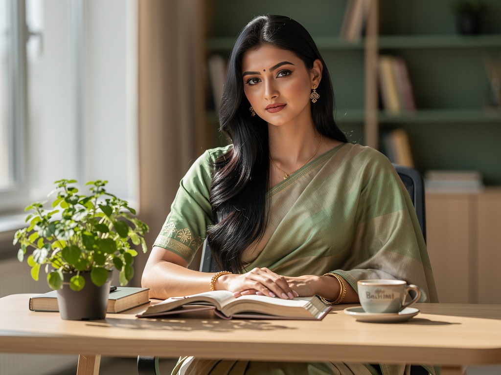 Woman in saree studying safety information about Brahmi