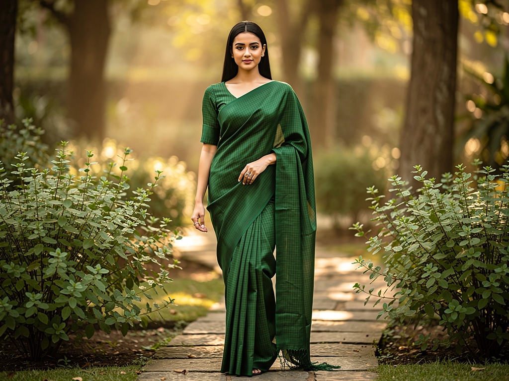 Woman in saree walking through a Brahmi garden