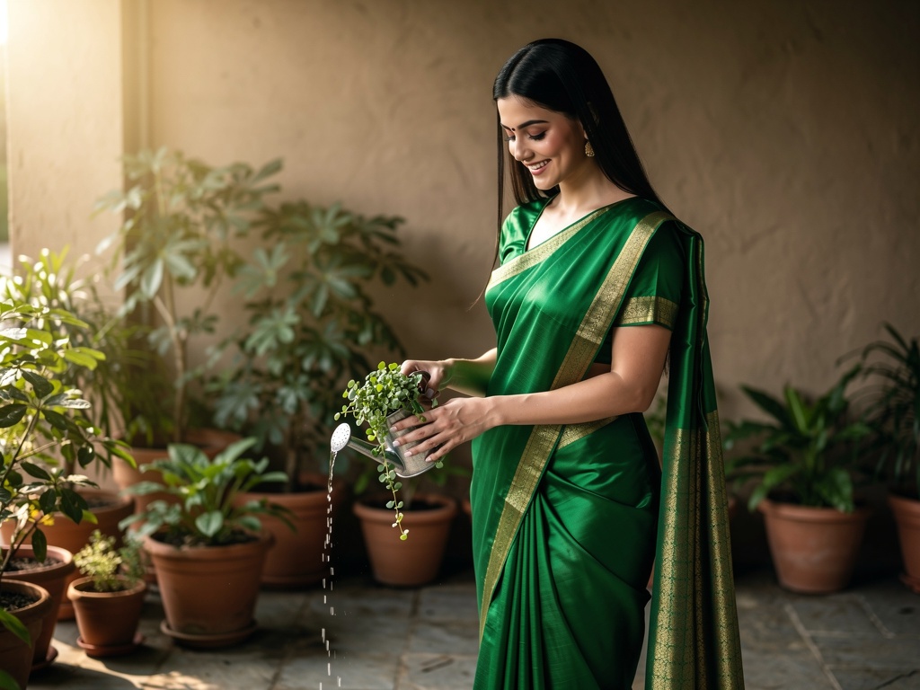 Woman in saree watering Brahmi plants