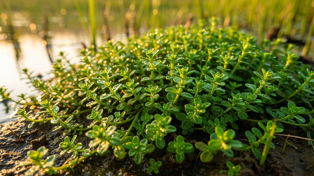 Bacopa monnieri (Brahmi) creeping plant growing as ground cover in wetland with delicate white flowers