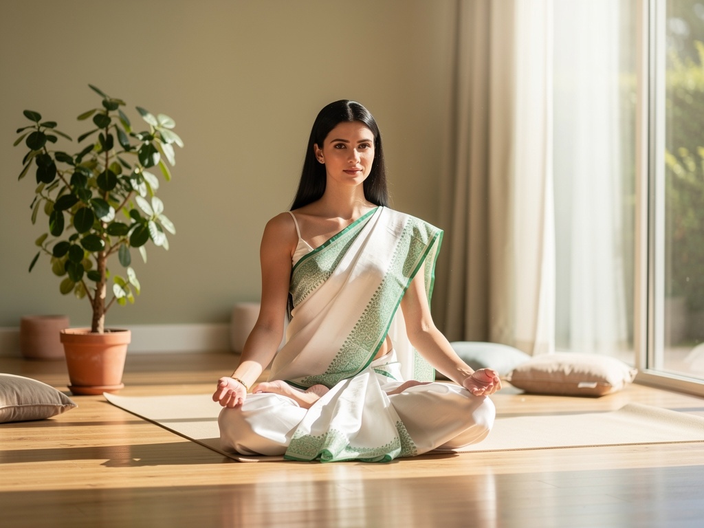 Young woman in saree doing yoga with a Brahmi plant nearby